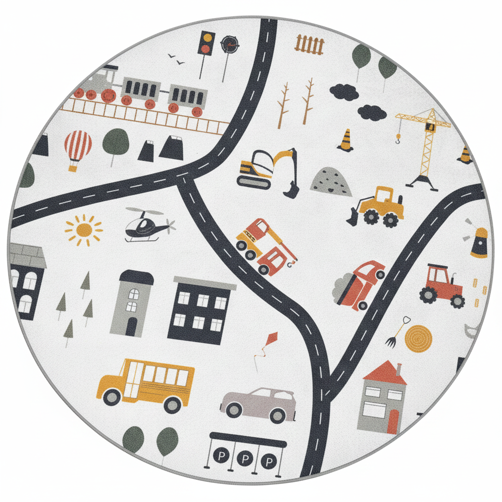 Verspielter runder Kinderteppich, bunte Spielmatte mit Straßenkarte, weicher Kinderzimmerteppich, interaktiver runder Teppich, Kinderzimmerdekoration