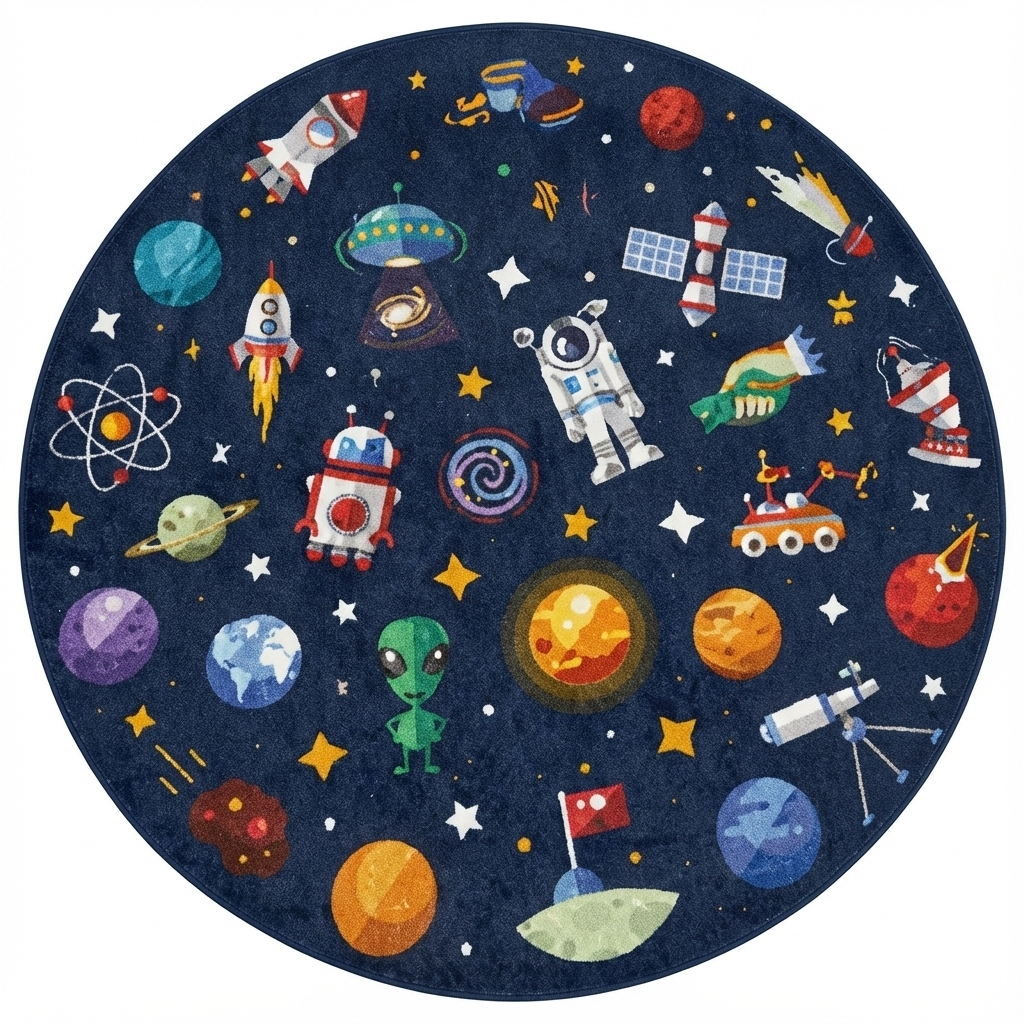 Runder Weltraum-Spielteppich für Kinder, Weltraum-Spielmatte, Galaxie-Deko fürs Kinderzimmer, Astronauten- und Planeten-Teppich, Kosmischer Kinderteppich