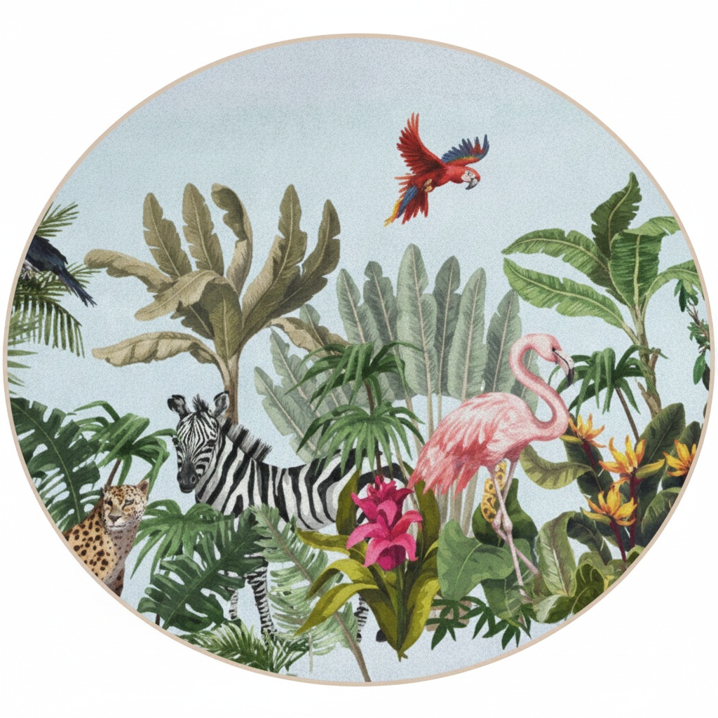 Runder Kinderteppich „Tropisches Paradies“, Dschungeltier-Spielmatte, Flamingo-Dekor, Naturinspirierter runder Teppich, Bodenbelag für Kinderzimmer