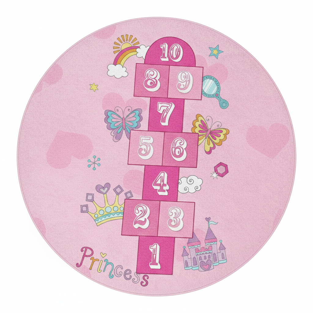 Prinzessinnen-Hüpfspiel-Spielteppich, rund, rosa Kinderteppich, Mädchenzimmer-Deko, interaktive Hüpfspielmatte, weicher Kinderzimmerteppich, Spielzimmerteppich