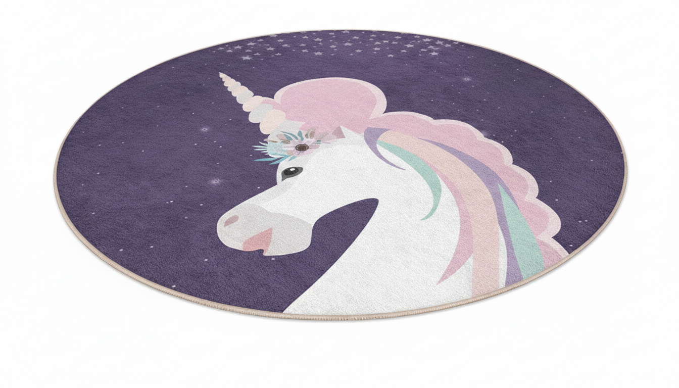 Runder Einhorn-Teppich für Kinder, Fantasievolle Einhorn-Deko, Weiche Spielmatte, Kinderzimmerteppich, Spielzimmer-Deko