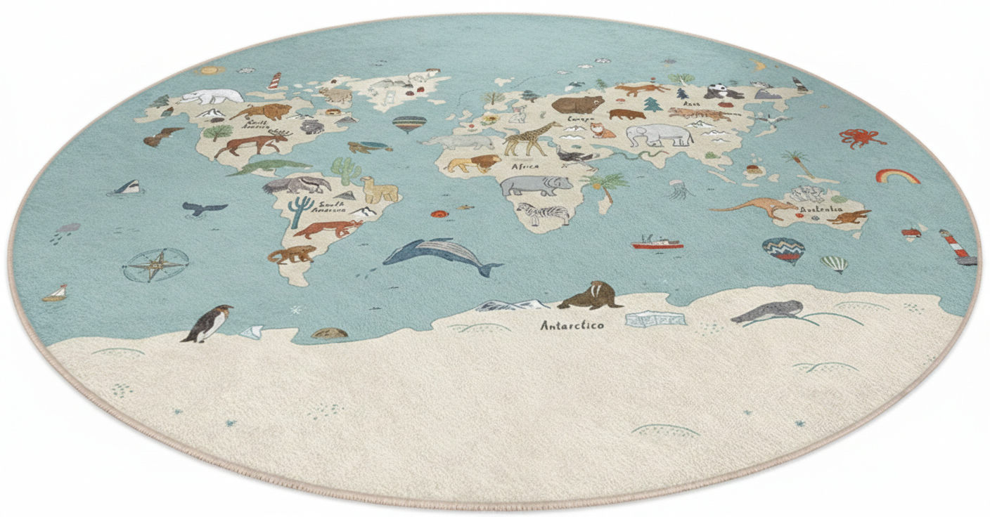 Interaktiver runder Kinderteppich mit Weltkarte, Spielmatte mit Tiermotiven, Lernteppich fürs Kinderzimmer, weiche Kinderzimmerdekoration, Abenteuerspielteppich