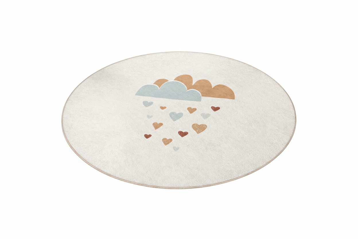 Runder Kinderteppich mit niedlichem Wolken- und Herzmuster, Spielzimmerdeko, weiche Kinderzimmermatte, Babyzimmerteppich, bezaubernder Kinderteppich