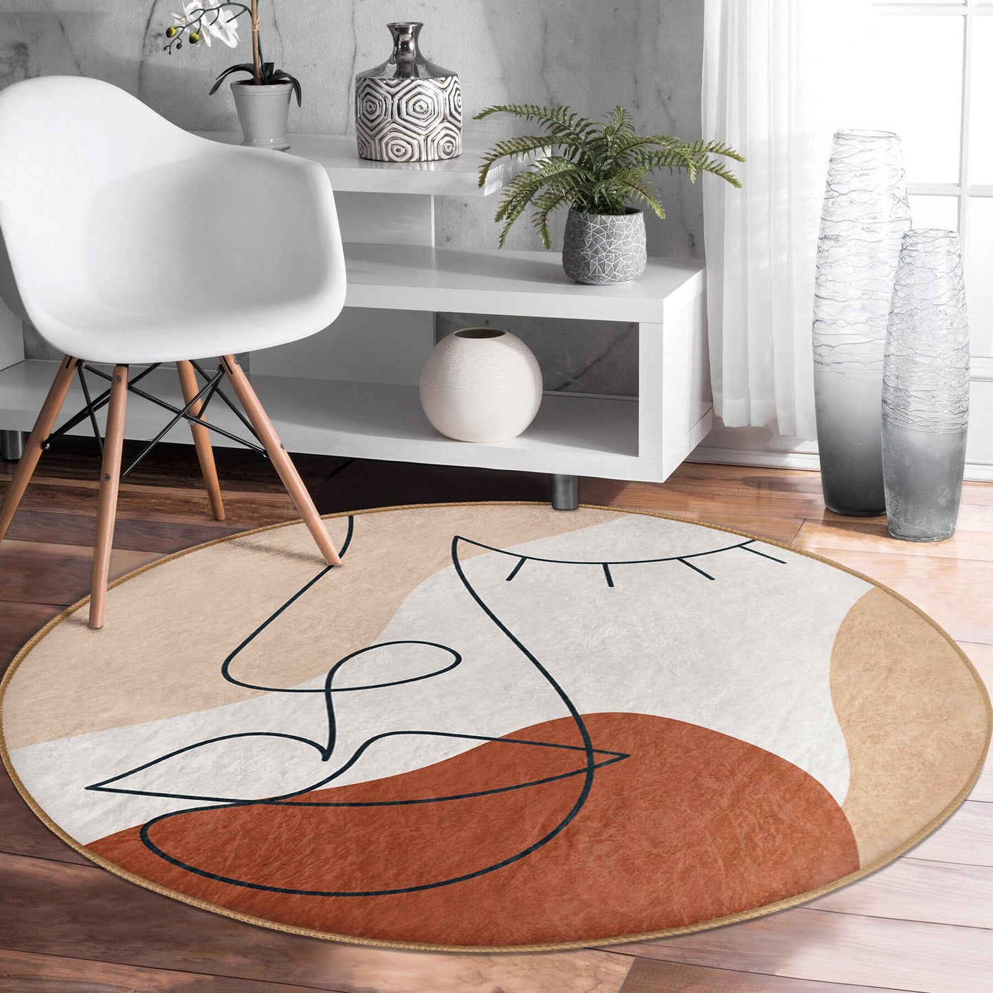 Runder, weicher Teppich in sanften Farben, minimalistisches abstraktes Design, rutschfeste Unterseite, Zeichnungsmuster – Wohnzimmer, Schlafzimmer, Teppich für modernes Zuhause
