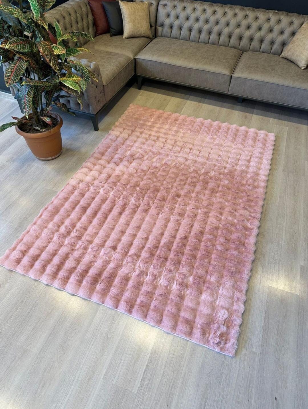 Luxuriöser, weicher Plüschteppich in Zuckerrosa – Bubble-Fleece-Teppich – Elegantes Kunstfell aus Kaninchenfell, weichster Teppich für alle Räume | Waschbarer Bestseller