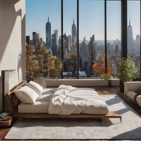 Modern bedroom with wooden bed, white linens, large windows overlooking New York City skyline and autumn trees