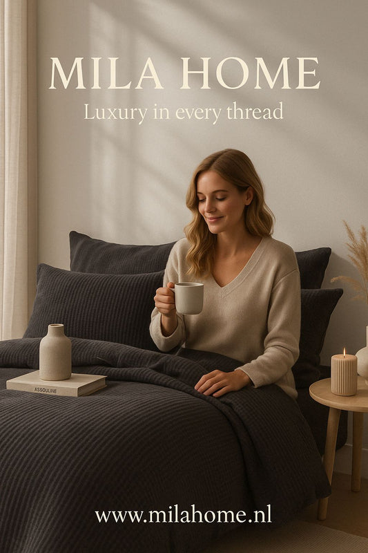 Woman enjoying coffee on a bed with dark textured bedding in a cozy, minimalist bedroom setting