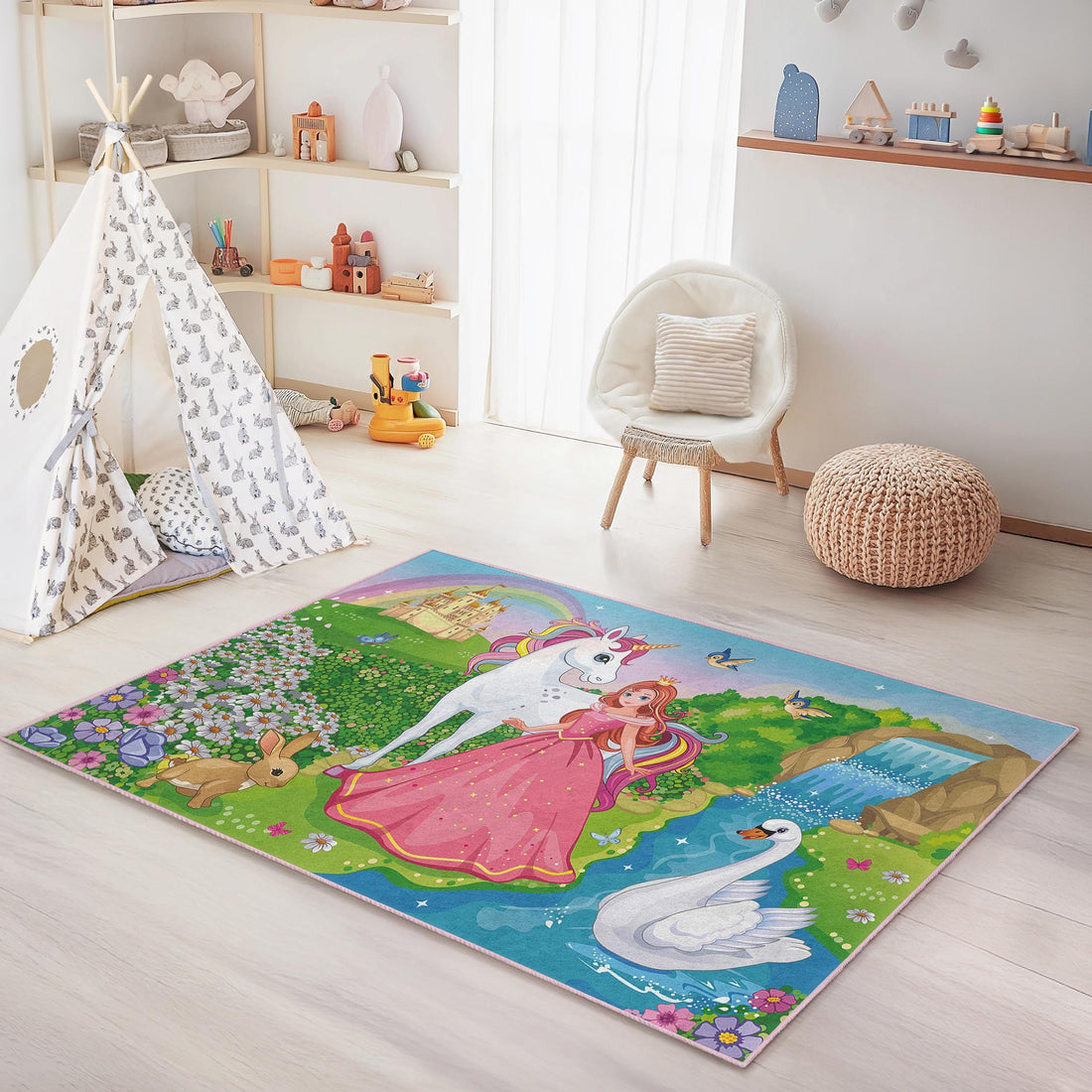 Colorful kids playroom with princess unicorn fantasy rug, teepee tent, cozy chair, and toys