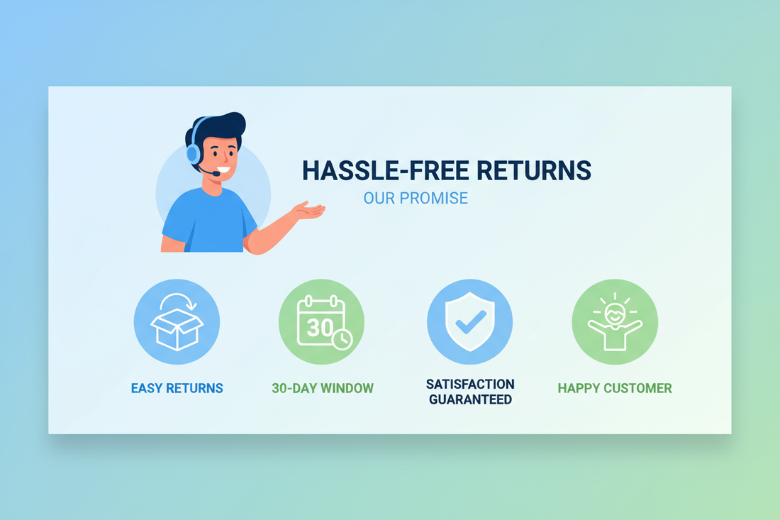 Hassle-free returns guarantee with easy returns, 30-day window, satisfaction, and happy customer icons