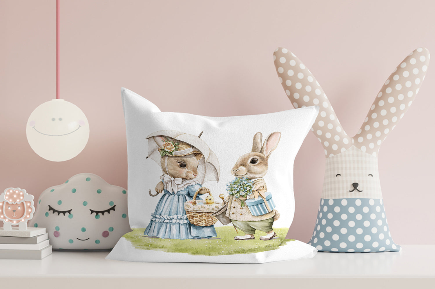 White decorative pillow with vintage-style illustration of dressed bunny and squirrel with basket