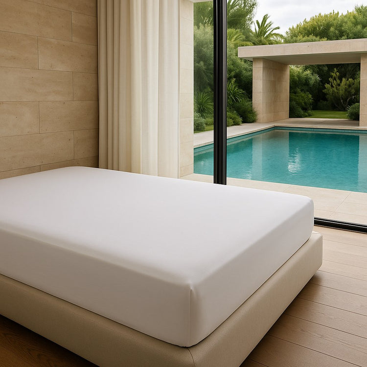 Modern beige bed with white mattress beside large glass window overlooking outdoor pool and greenery