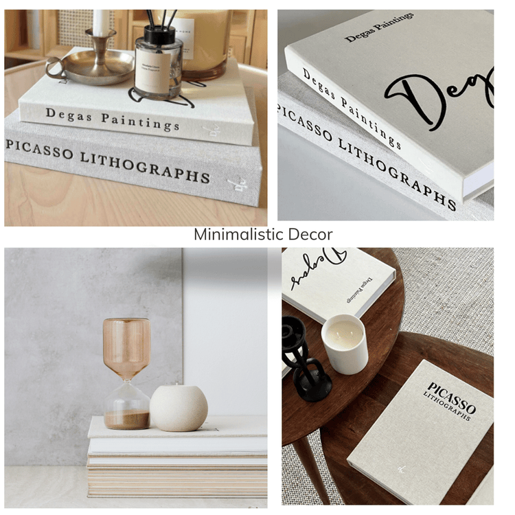 Minimalistic decor featuring art books Degas Paintings and Picasso Lithographs with candles and hourglass