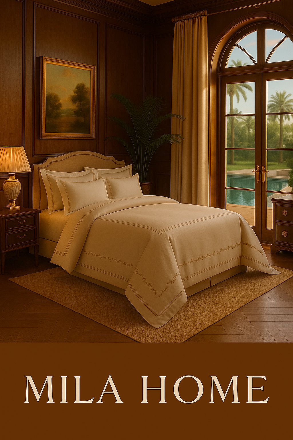 Elegant bedroom with beige bedding, wooden panel walls, large arched window overlooking pool and palm trees