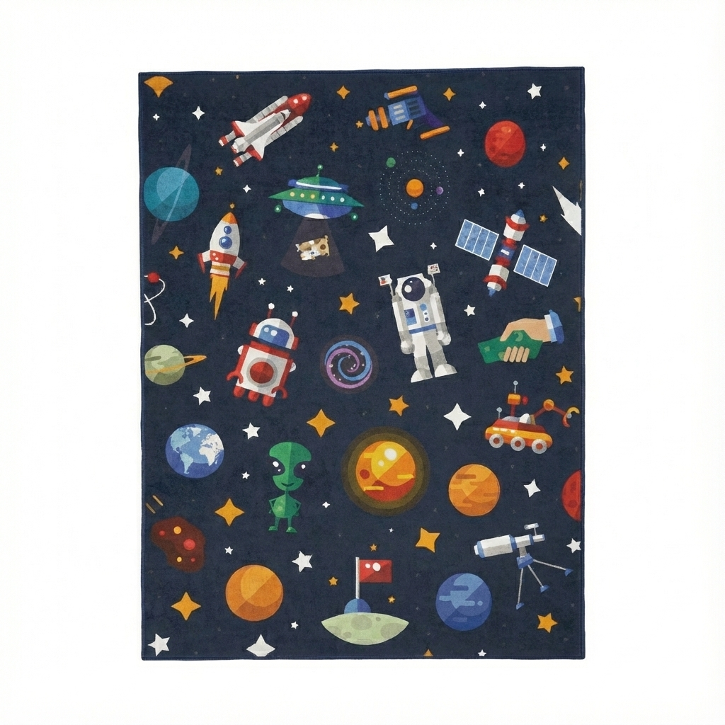 Kosmischer Abenteuer-Spielteppich für Kinder, rechteckiger Weltraumteppich, Weltraum-Kinderteppich, Galaxie-Dekor fürs Kinderzimmer