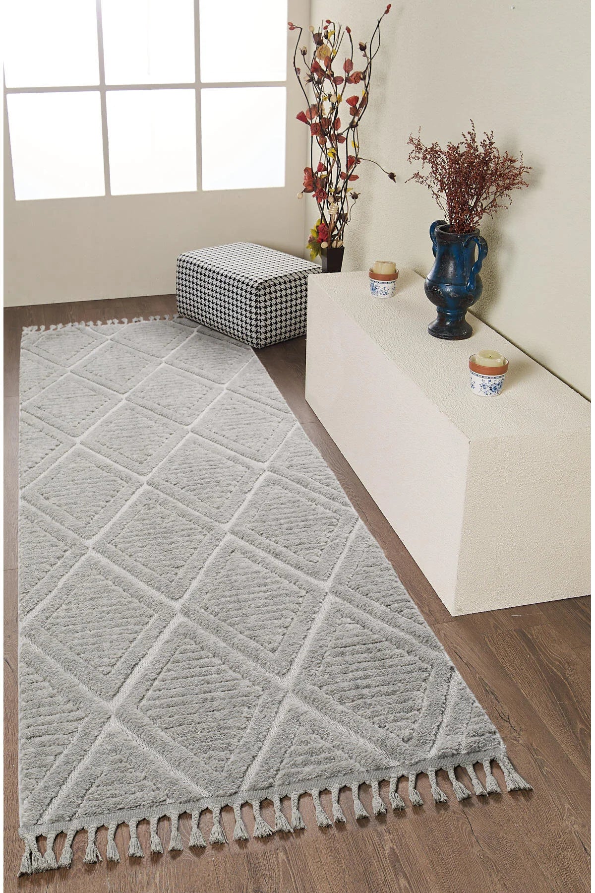Grey Modern Neutral Geometric Area Rug for Living Room – Soft Dense Texture