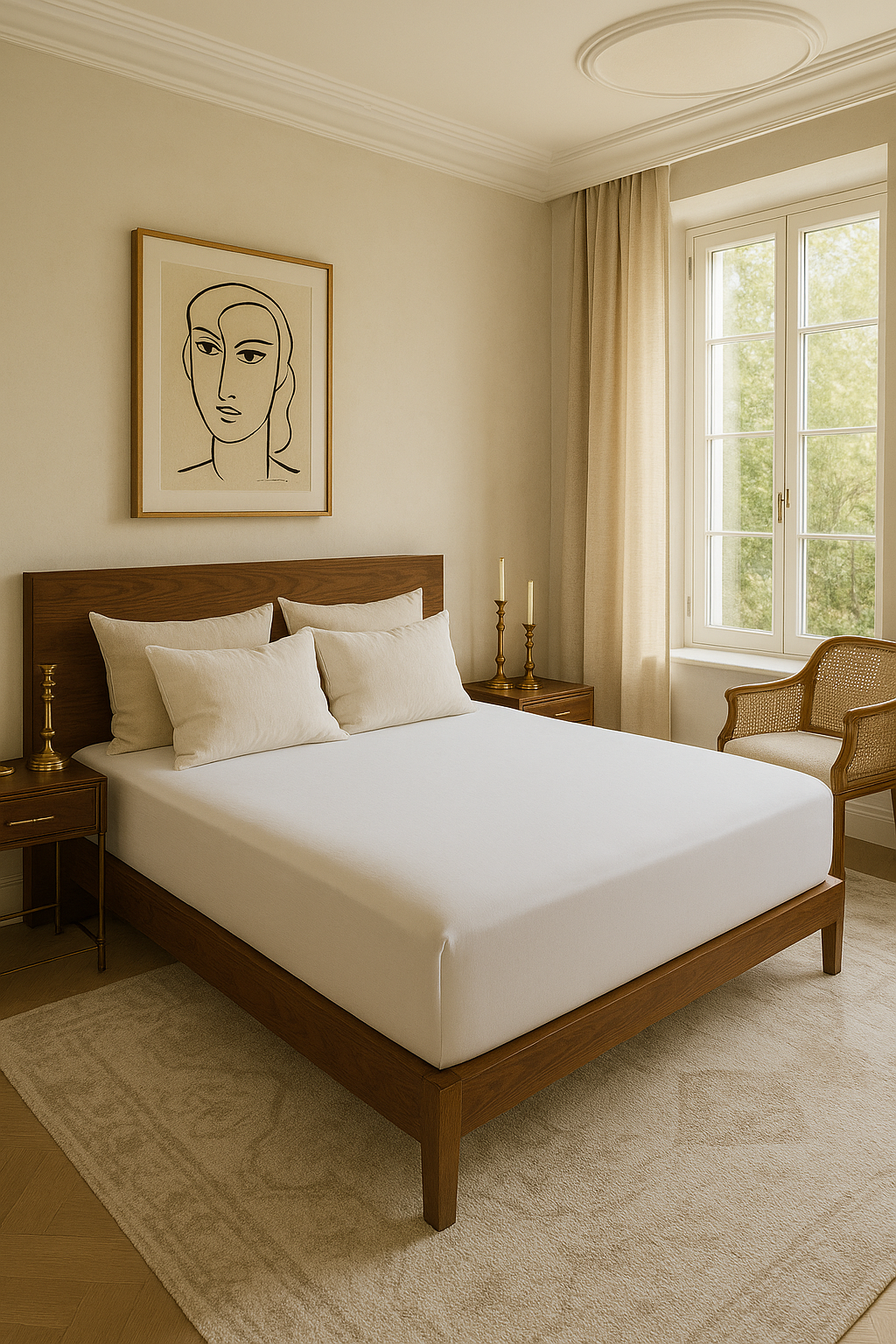 Minimalist bedroom with wooden bed, cream bedding, abstract face artwork, window with curtains, and cane chair
