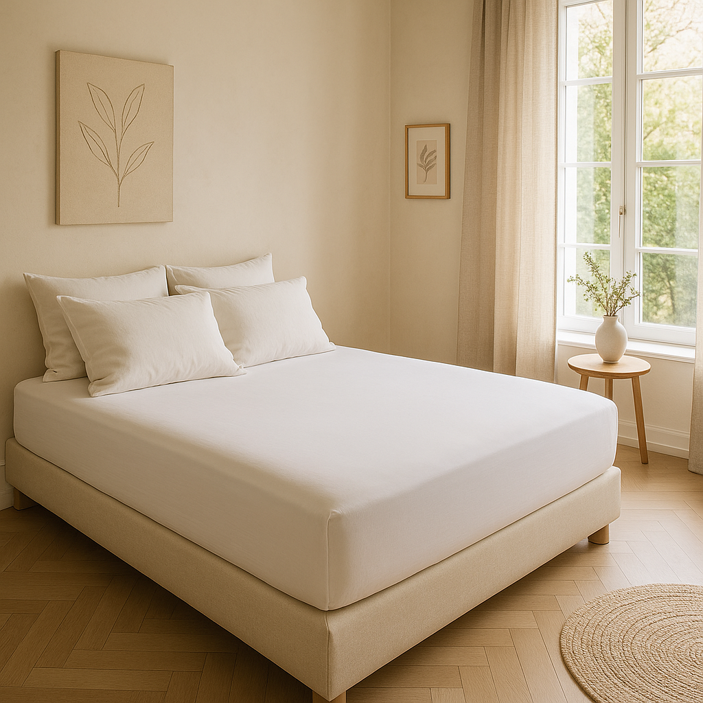 Minimalist bedroom with beige bed, white pillows, natural wood side table, and botanical art