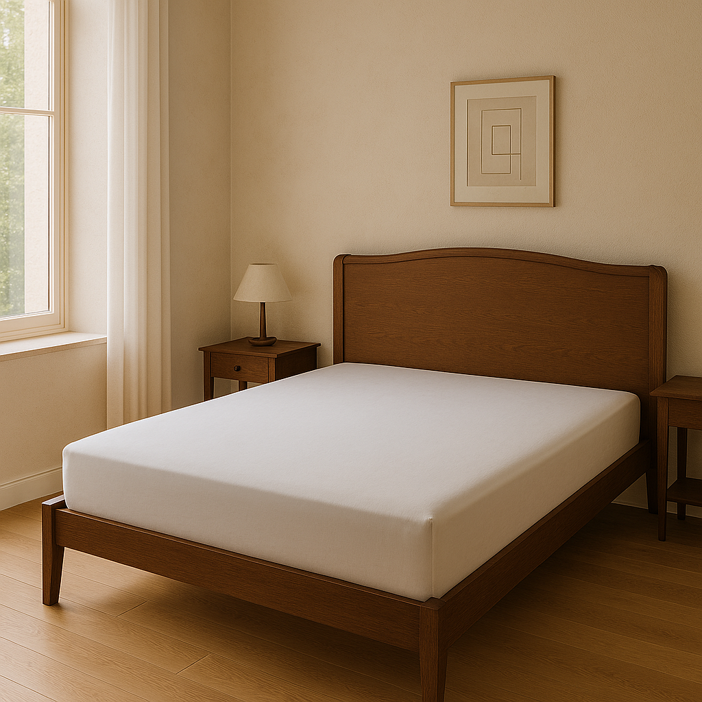 Minimalist bedroom with wooden bed frame, white mattress, nightstands, lamp, and abstract wall art