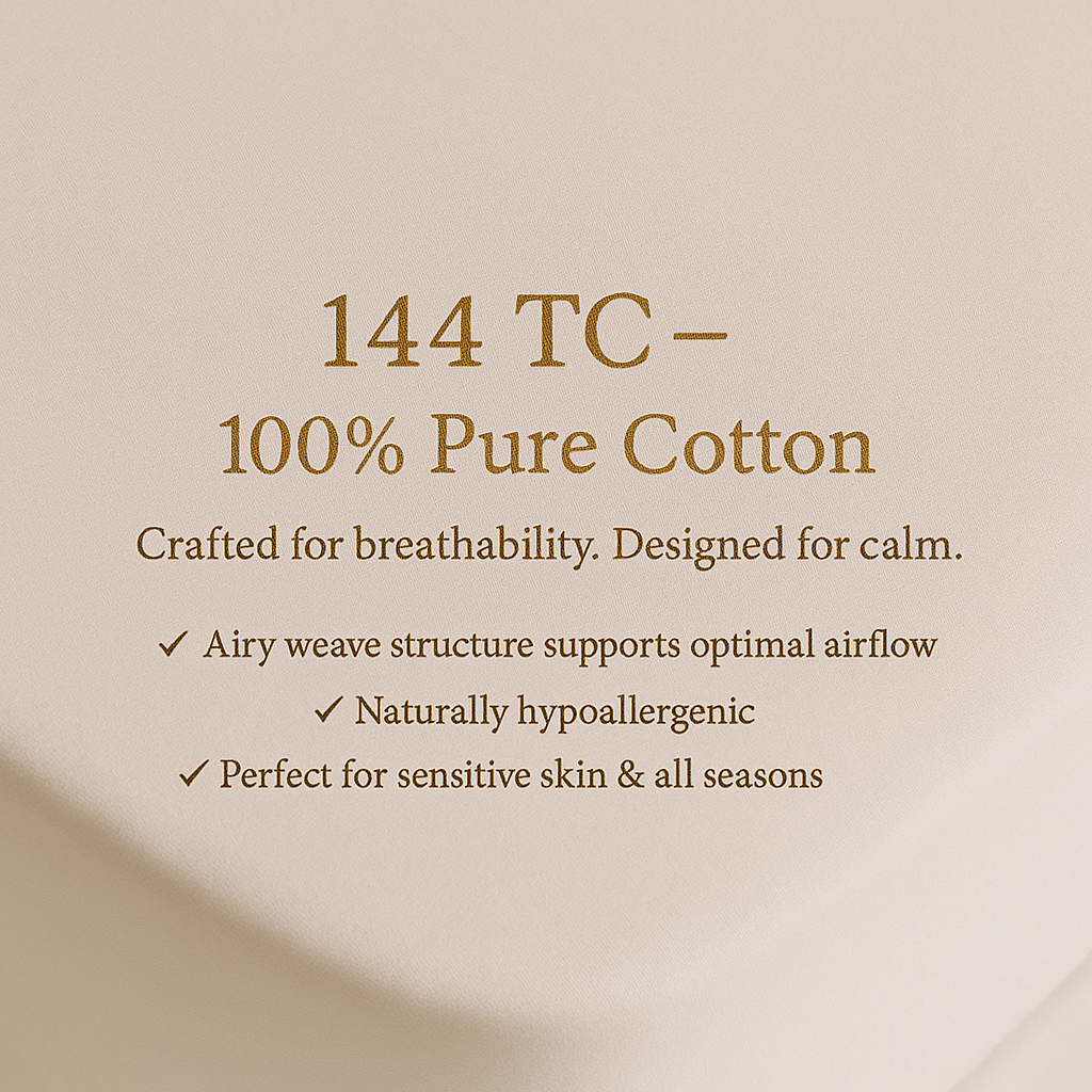 144 TC 100% pure cotton label highlighting breathable, hypoallergenic fabric perfect for sensitive skin