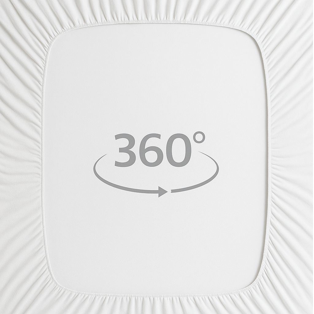White square mattress cover with elastic edges and 360-degree rotation symbol in center