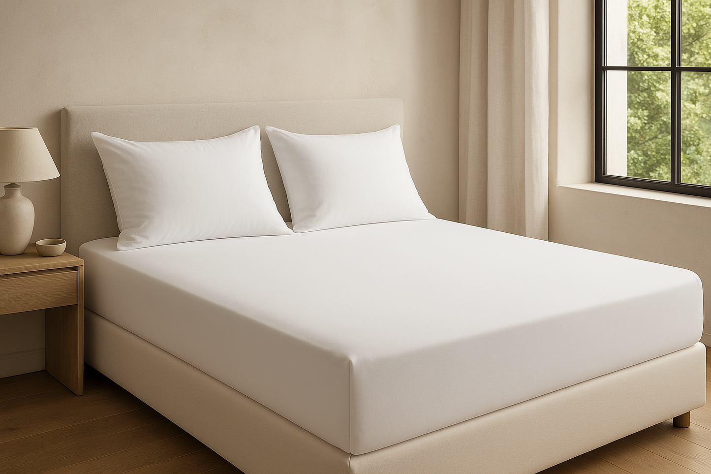 Minimalist beige bedroom with white bed linens, pillows, wooden nightstand, and natural light window