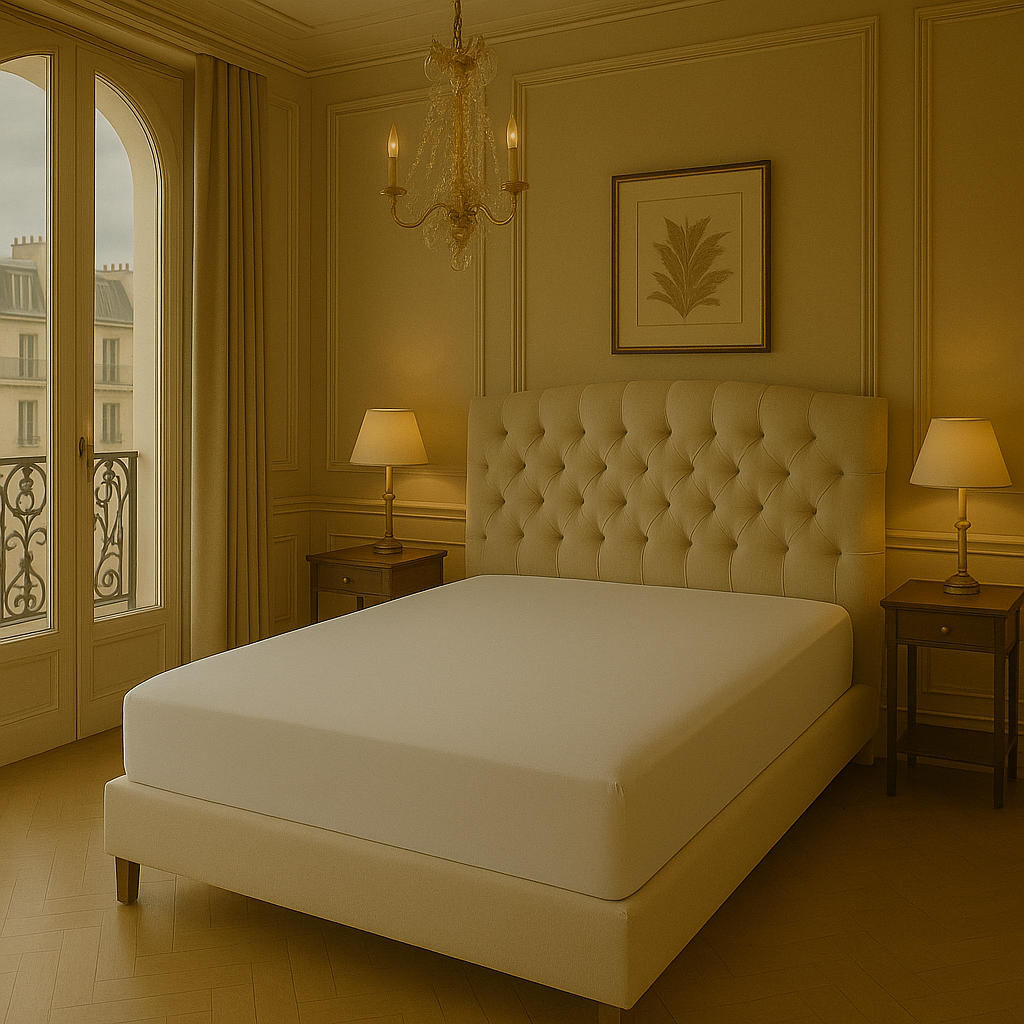 Elegant bedroom with tufted beige bed, wooden nightstands, lamps, French windows, and chandelier