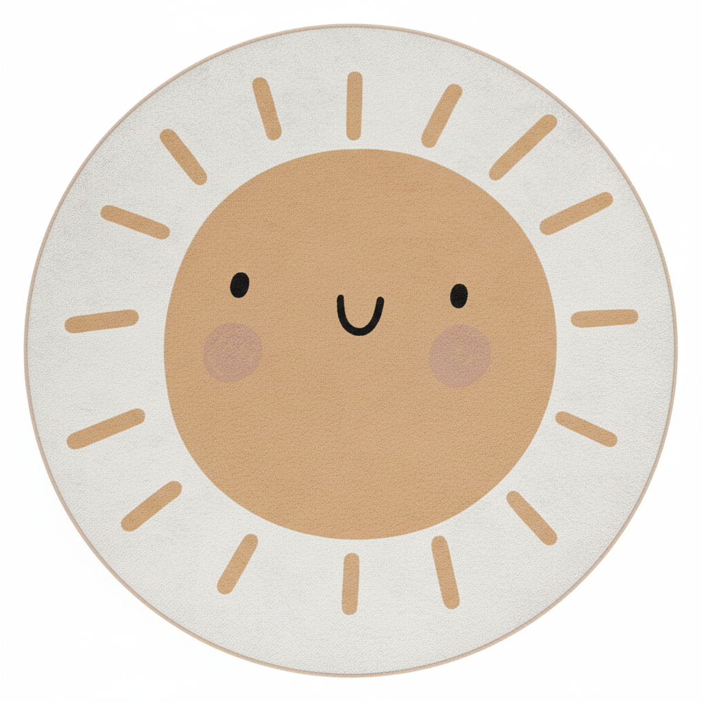 Runder Kinderteppich mit niedlichem Sonnenmotiv, verspieltes Sonnendesign, Kinderzimmerdeko, runder Teppich fürs Babyzimmer, Spielzimmer-Bodenmatte