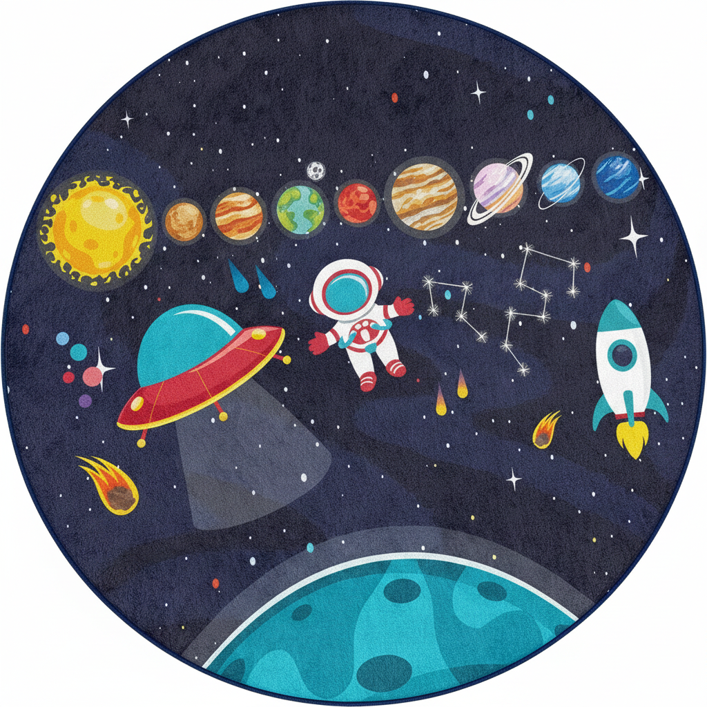 Runder Kinderteppich „Weltraumabenteuer“, Spielmatte mit Astronauten und Planeten, weicher Teppich im Galaxie-Design für Kinderzimmer, Kinderzimmerdekoration