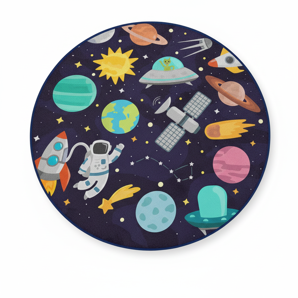 Runder Weltraum-Abenteuer-Kinderteppich, Spielmatte mit Galaxie-Motiv, Weltraum-Deko, Astronauten-Teppich fürs Kinderzimmer, Spielzimmerteppich