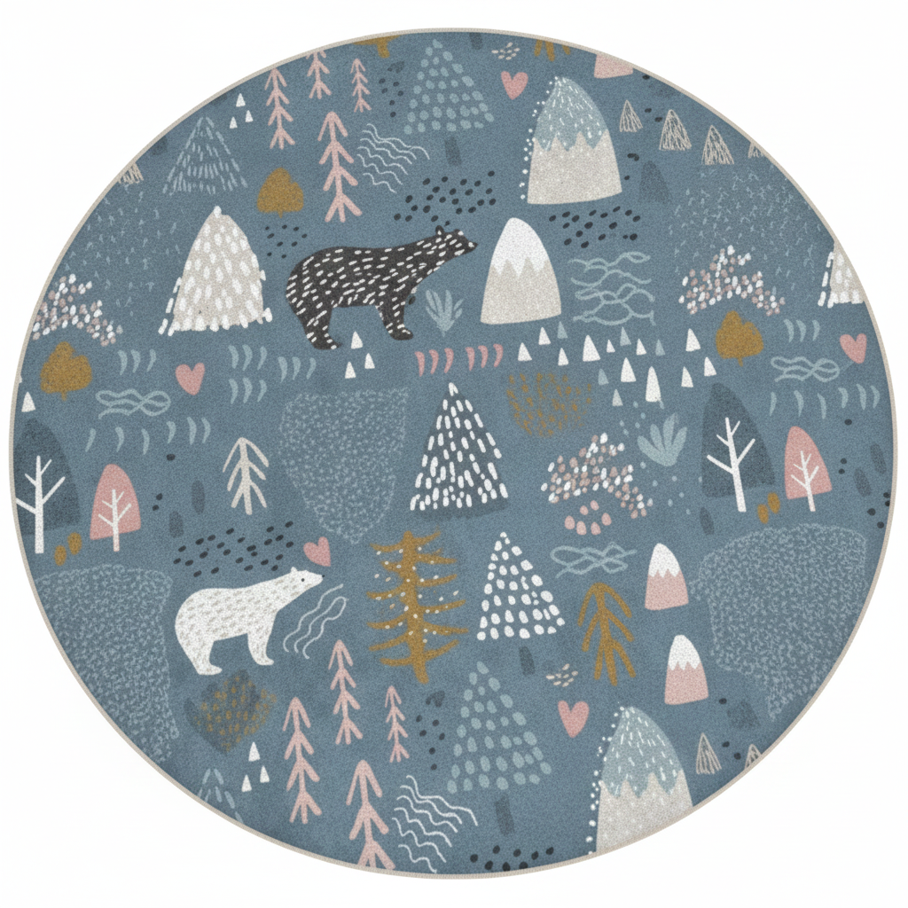Runder Kinderteppich mit verspieltem Waldmotiv, Bären- und Baummuster, weiche Spielmatte, Kinderzimmerdekoration, Spielzimmerteppich
