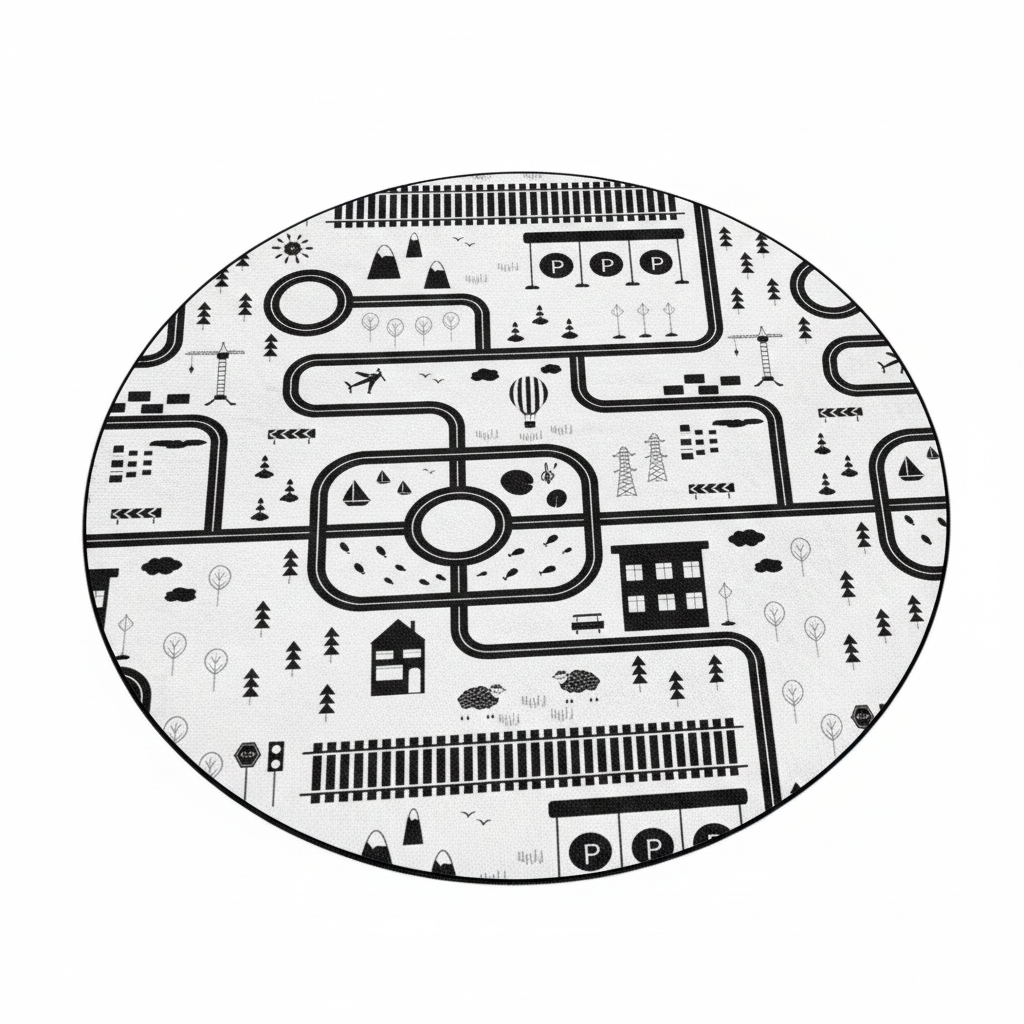 Runder Kinderteppich mit schwarz-weißem Straßenkartenmuster, interaktive Spielmatte für Spielzimmer und Kinderzimmer, weicher und gemütlicher Spielbereich