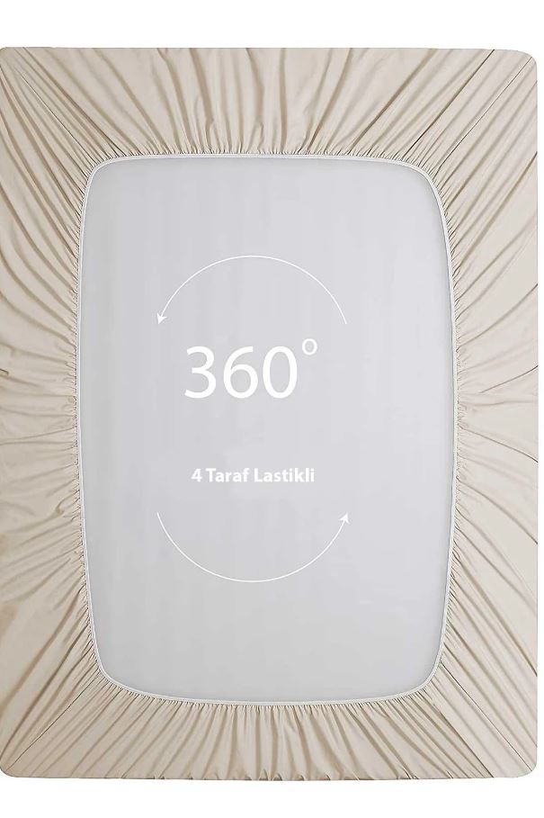 Beige fitted sheet with elastic edges stretched on mattress showing 360-degree all-around fit