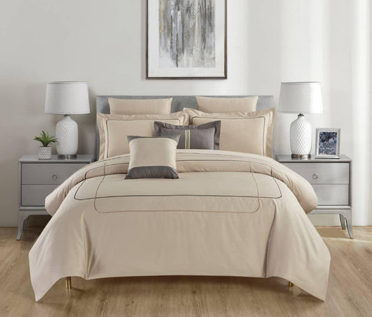 Hotel Collection – Line Edition | Luxuriöses beiges Bettwäscheset mit Doppelstickerei – 300 Fäden pro Zoll, Premium-Baumwolle – 6-teiliges Bettbezugset
