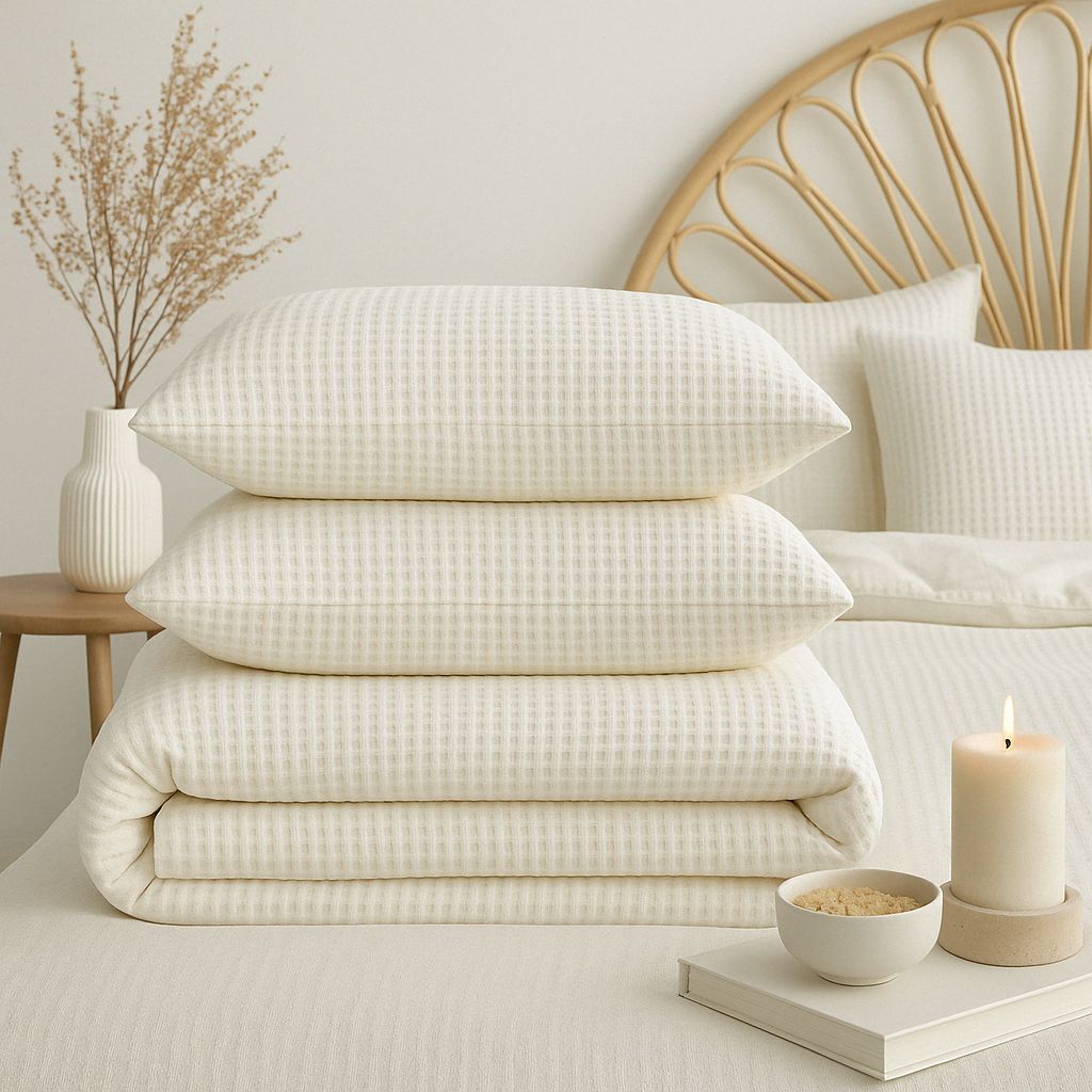Luxuriöse Waffelpiqué-Tagesdecke „Bianco“ – 100 % Baumwolle, sanfte Farbtöne | Mila Home 