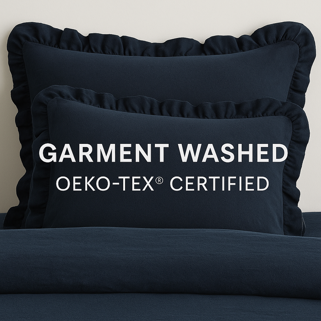 Midnight Calm – Weiche, vorgewaschene Bettwäsche-Kollektion aus 100 % Baumwolle mit sanften Rüschen | Dunkelblau, OEKO-TEX®-zertifiziert, Knitteroptik