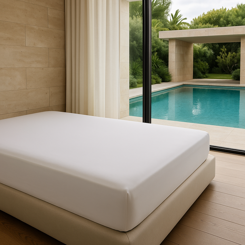 Minimalist bedroom with white bed and sliding glass door overlooking a modern pool and greenery