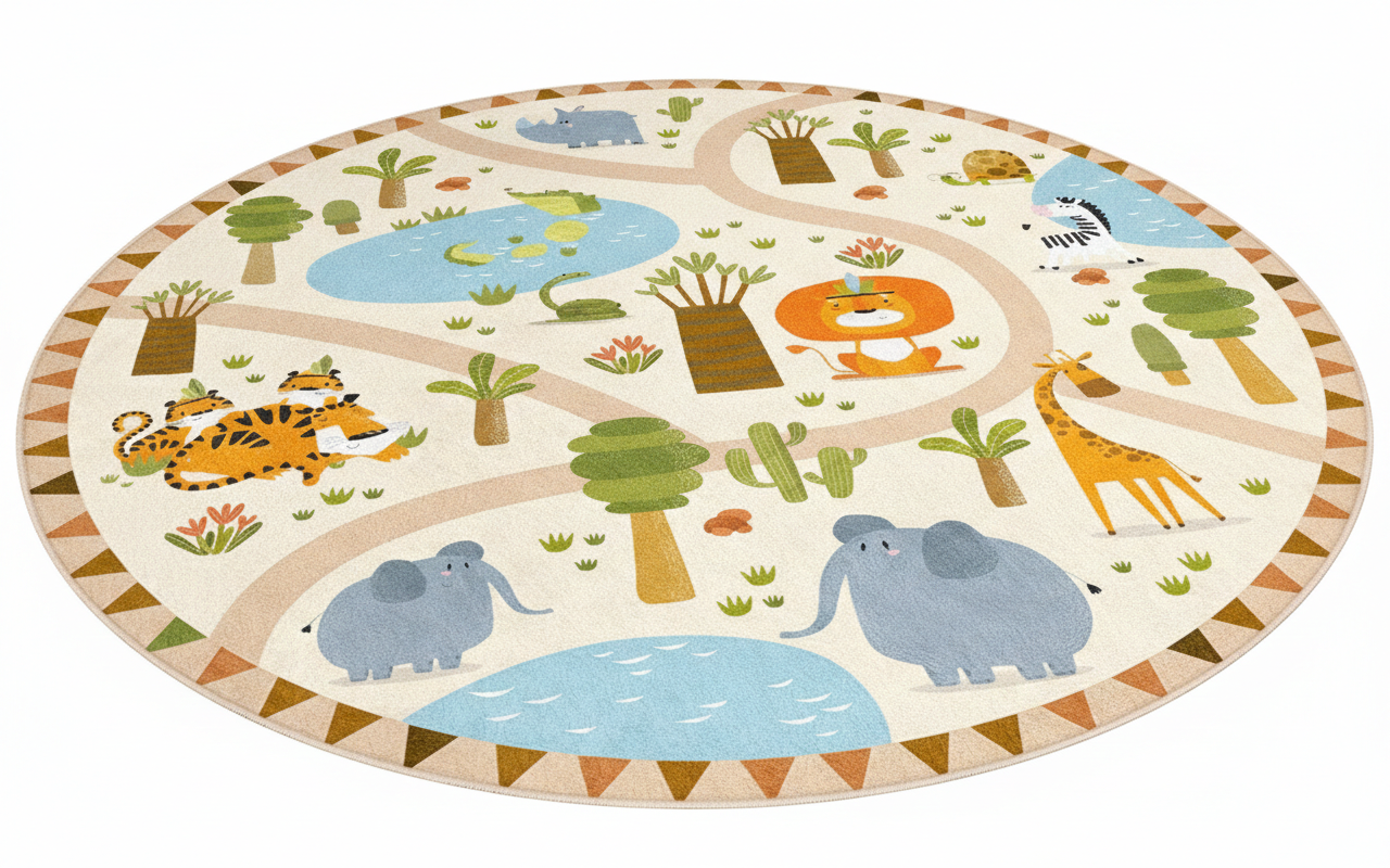 Runder Safari-Abenteuer-Spielteppich für Kinder, Dschungeltier-Kinderteppich, Kinderzimmerdeko, interaktive Spielmatte, Kinderzimmerteppich, lustiger Spielteppich