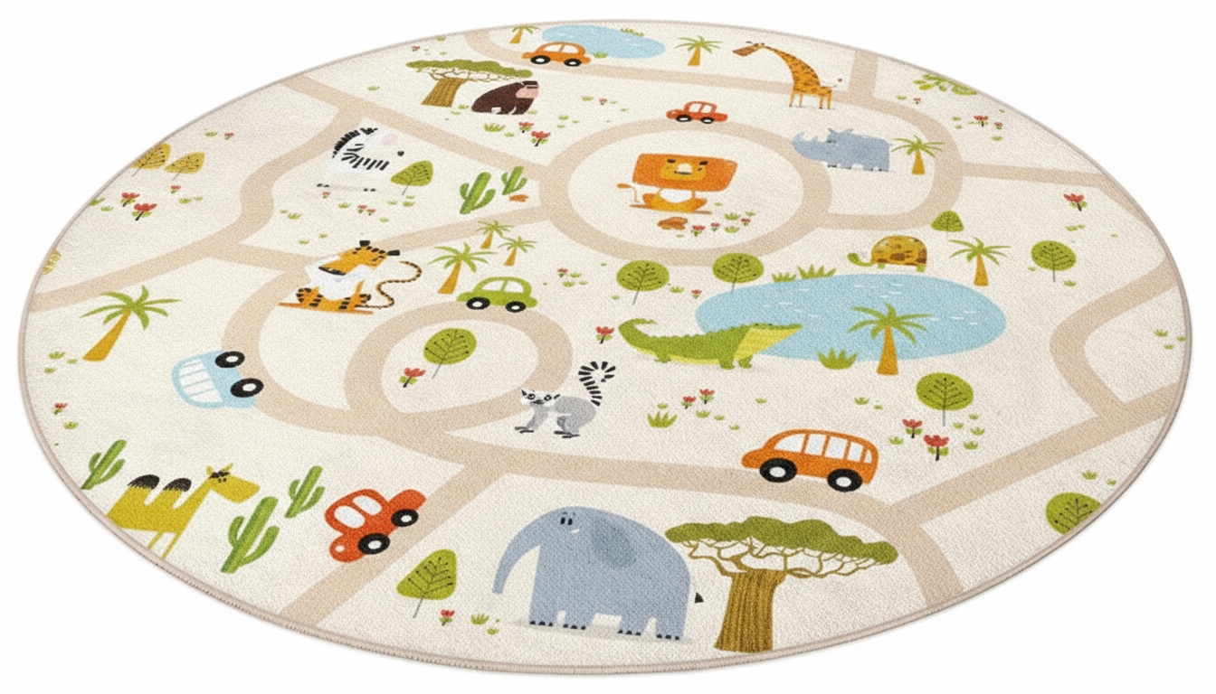Runder Kinderteppich mit Tiermotiven, verspielter Dschungelkarten-Teppich, weicher Kinderzimmerteppich, niedliche Kinderzimmerdekoration, interaktive Spielmatte