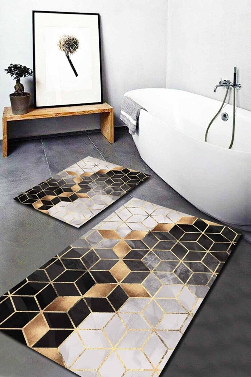 Luxuriöses 2er-Set moderne Badematten in Optik | Rutschfeste Badematte | Stilvolle, rutschfeste Duschmatte | Rutschfeste Badteppiche | Dekorativer Badteppich | Fußmatte