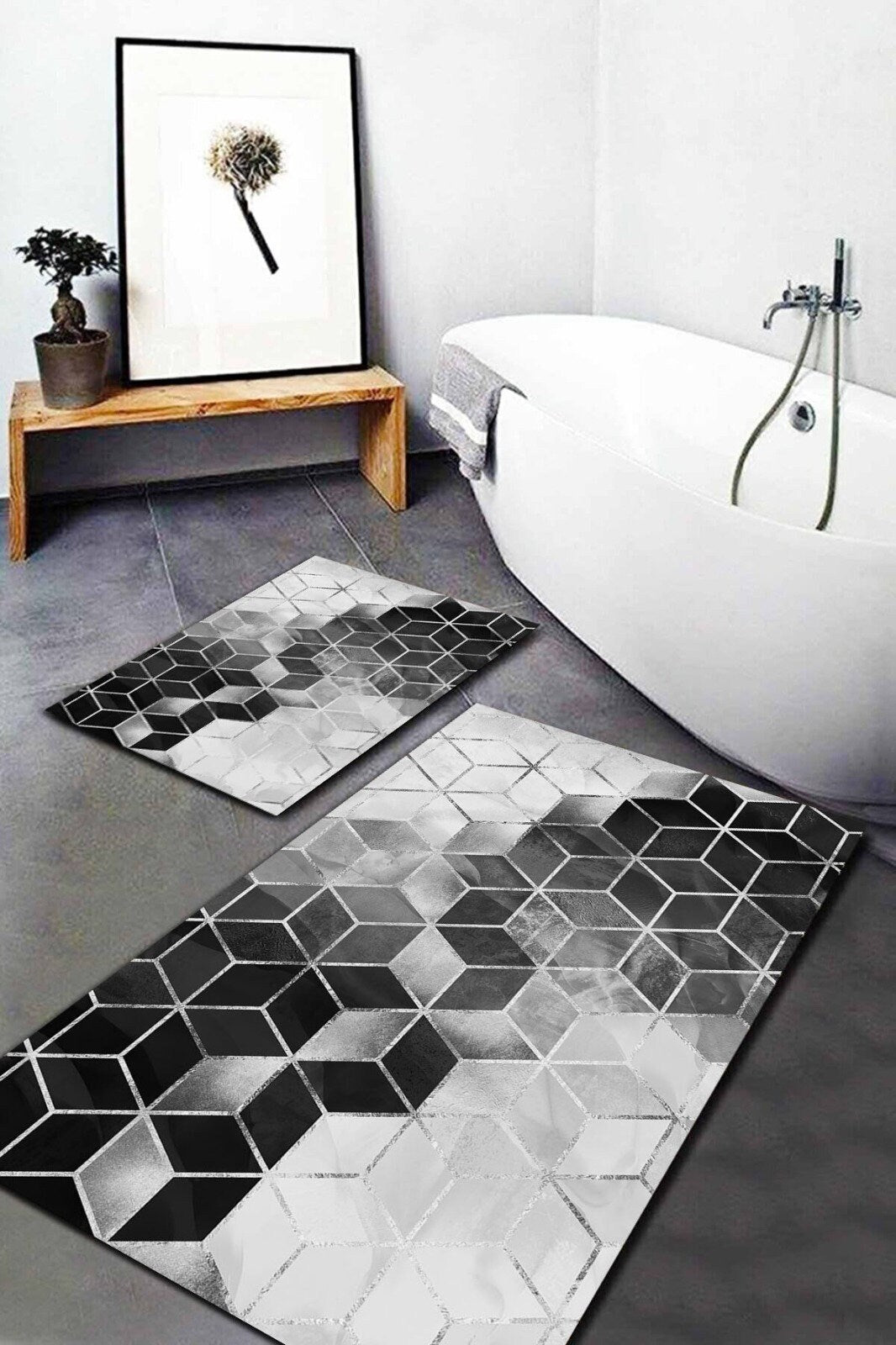 Luxuriöses 2er-Set moderne Badematten in Optik | Rutschfeste Badematte | Stilvolle, rutschfeste Duschmatte | Rutschfeste Badteppiche | Dekorativer Badteppich | Fußmatte