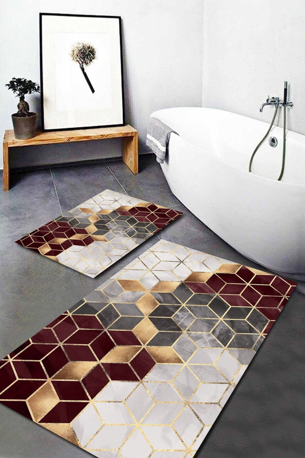 Luxuriöses 2er-Set moderne Badematten in Optik | Rutschfeste Badematte | Stilvolle, rutschfeste Duschmatte | Rutschfeste Badteppiche | Dekorativer Badteppich | Fußmatte