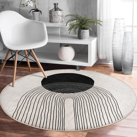 Runder Teppich in Pastellfarben, minimalistisches abstraktes Design, rutschfeste Unterseite, geometrisches Muster – Wohnzimmer, Schlafzimmer, Teppich für Haus und Garten