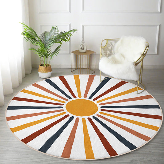 Modern living room with round sunburst-patterned rug, white fur-covered chair, geometric side table, and potted plant