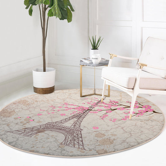 Runder Teppich in Rosa und Beige, minimalistisches Eiffelturm-Motiv, rutschfeste Unterseite, Paris-Ansicht – Wohnzimmer, Schlafzimmer, Teppich für Haus und Garten