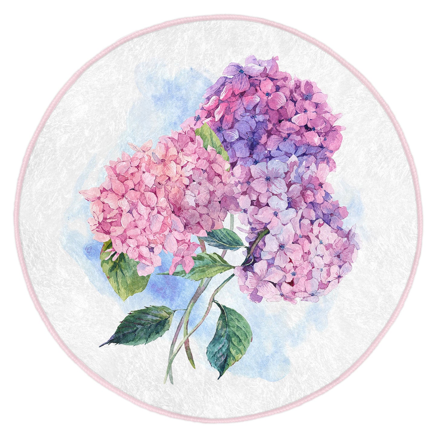 Round white mat with pink trim featuring watercolor hydrangea flowers in pink and purple with green leaves
