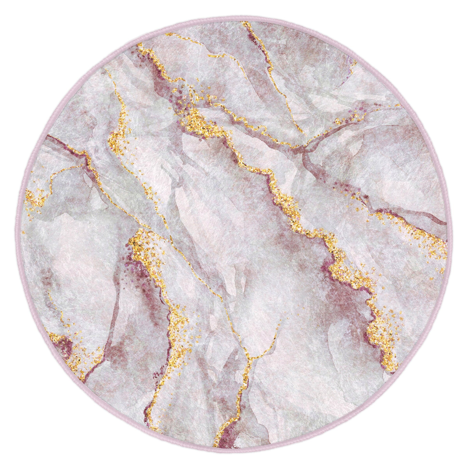 Round decorative rug with pink marble design and gold glitter accents