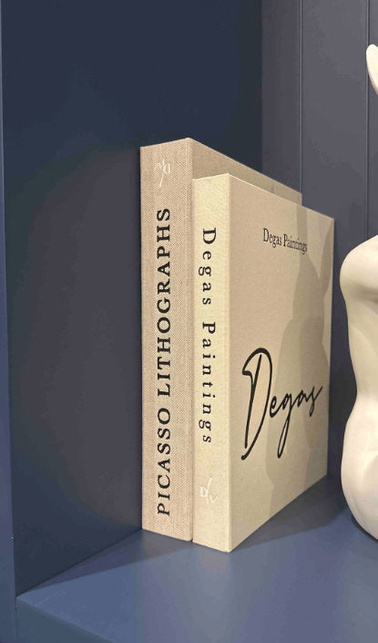 Two art books titled Picasso Lithographs and Degas Paintings on a dark blue shelf next to a white sculpture