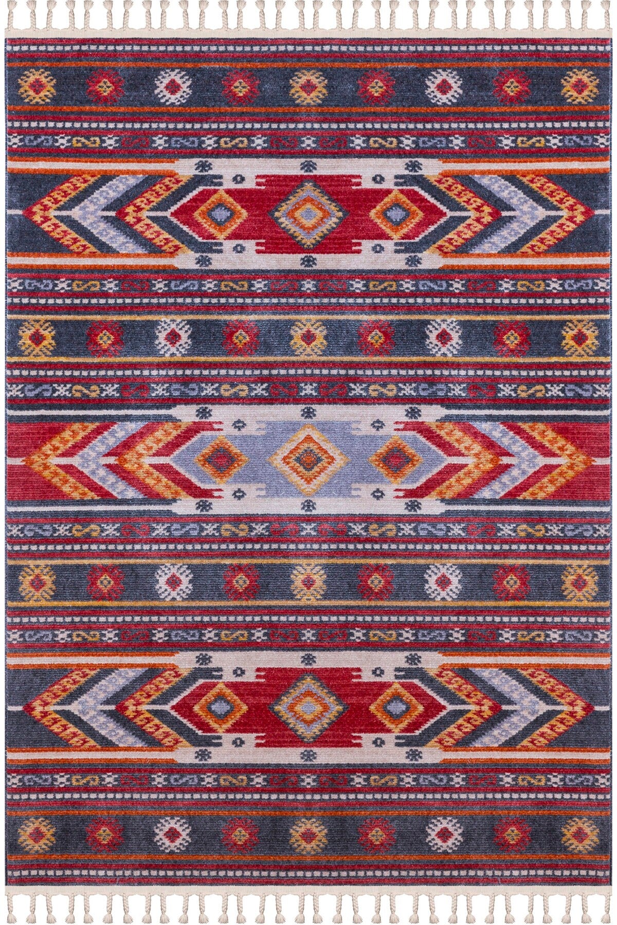 Colorful southwestern-style rug with geometric patterns in red, blue, yellow, and white, fringed edges
