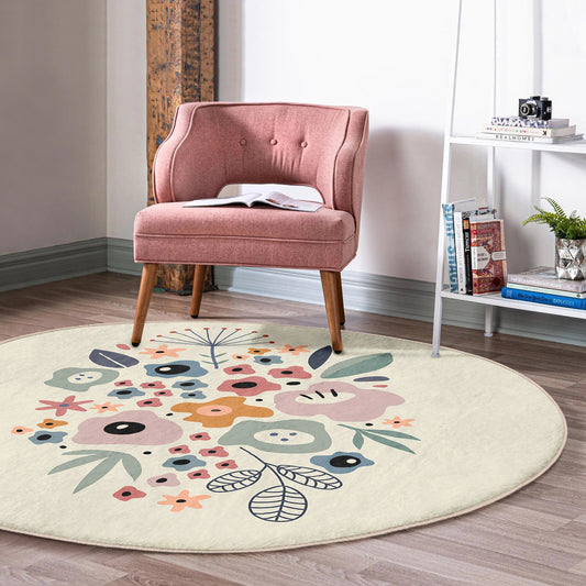 Runder Teppich in Pastellfarben, minimalistisches Blumendesign, rutschfeste Unterseite, Blumenmuster – Wohnzimmer, Schlafzimmer, Teppich für Haus und Garten