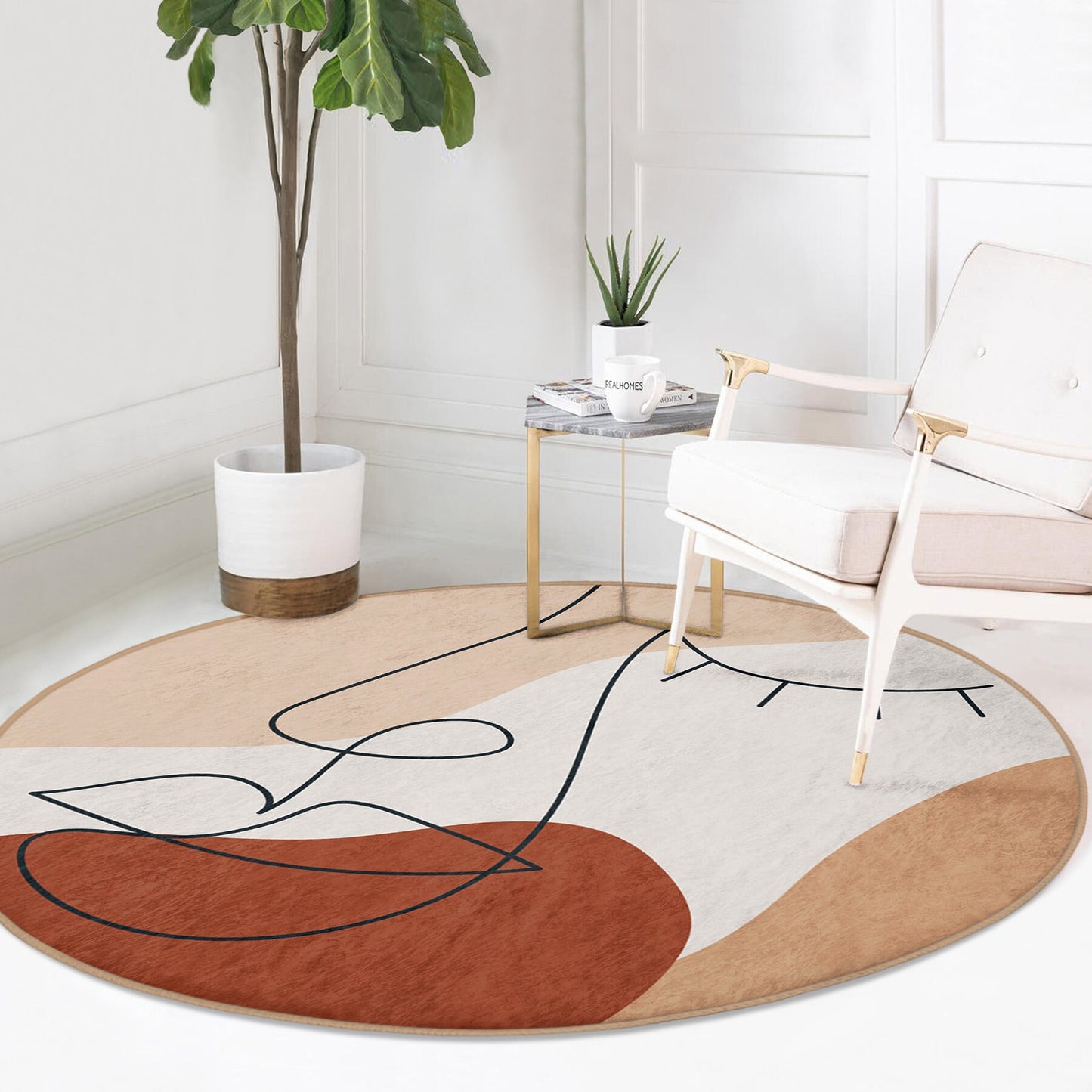 Runder, weicher Teppich in sanften Farben, minimalistisches abstraktes Design, rutschfeste Unterseite, Zeichnungsmuster – Wohnzimmer, Schlafzimmer, Teppich für modernes Zuhause
